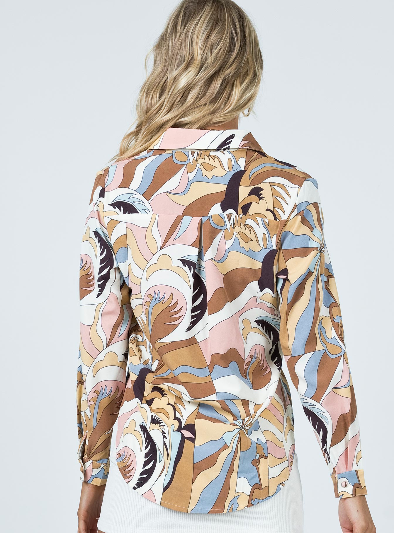 back view of model wearing Princess Polly Effie Shirt Brown Multi 