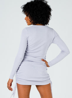 back view of model wearing Princess Polly Military Minds Long Sleeve Mini Dress Dusty Purple 
