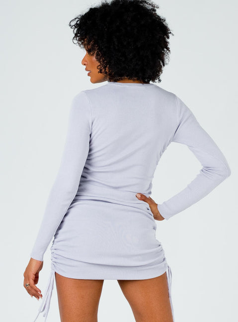 back view of model wearing Princess Polly Military Minds Long Sleeve Mini Dress Dusty Purple 