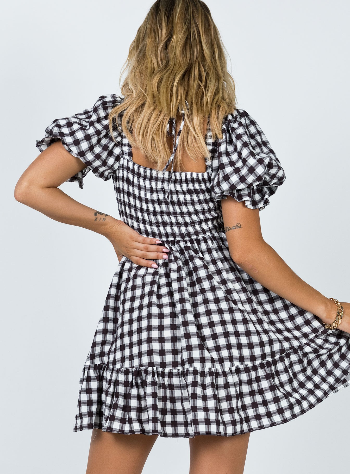 back view of model wearing Princess Polly Adelio Mini Dress Black / White 