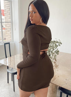 back view of model wearing Princess Polly Nolan Mini Dress Brown Curve 