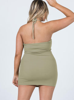back view of model wearing Princess Polly Clarke Mini Dress Khaki 