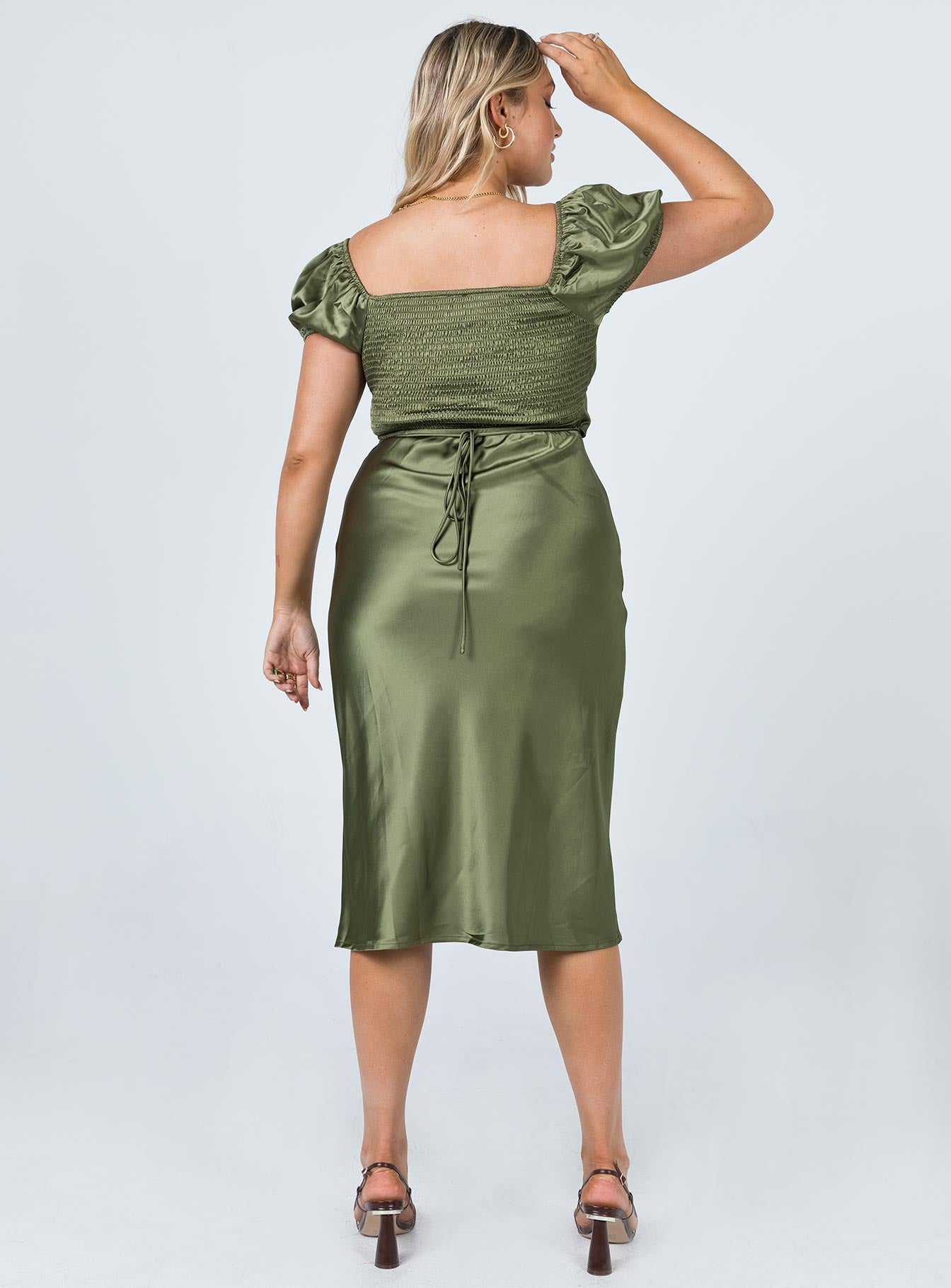 back view of model wearing Princess Polly Nakita Midi Dress Khaki 