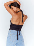 back view of model wearing Princess Polly London Bodysuit Black Sleeveless Plunger 