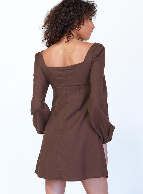 back view of model wearing Princess Polly Hastings Long Sleeve Mini Dress Brown 