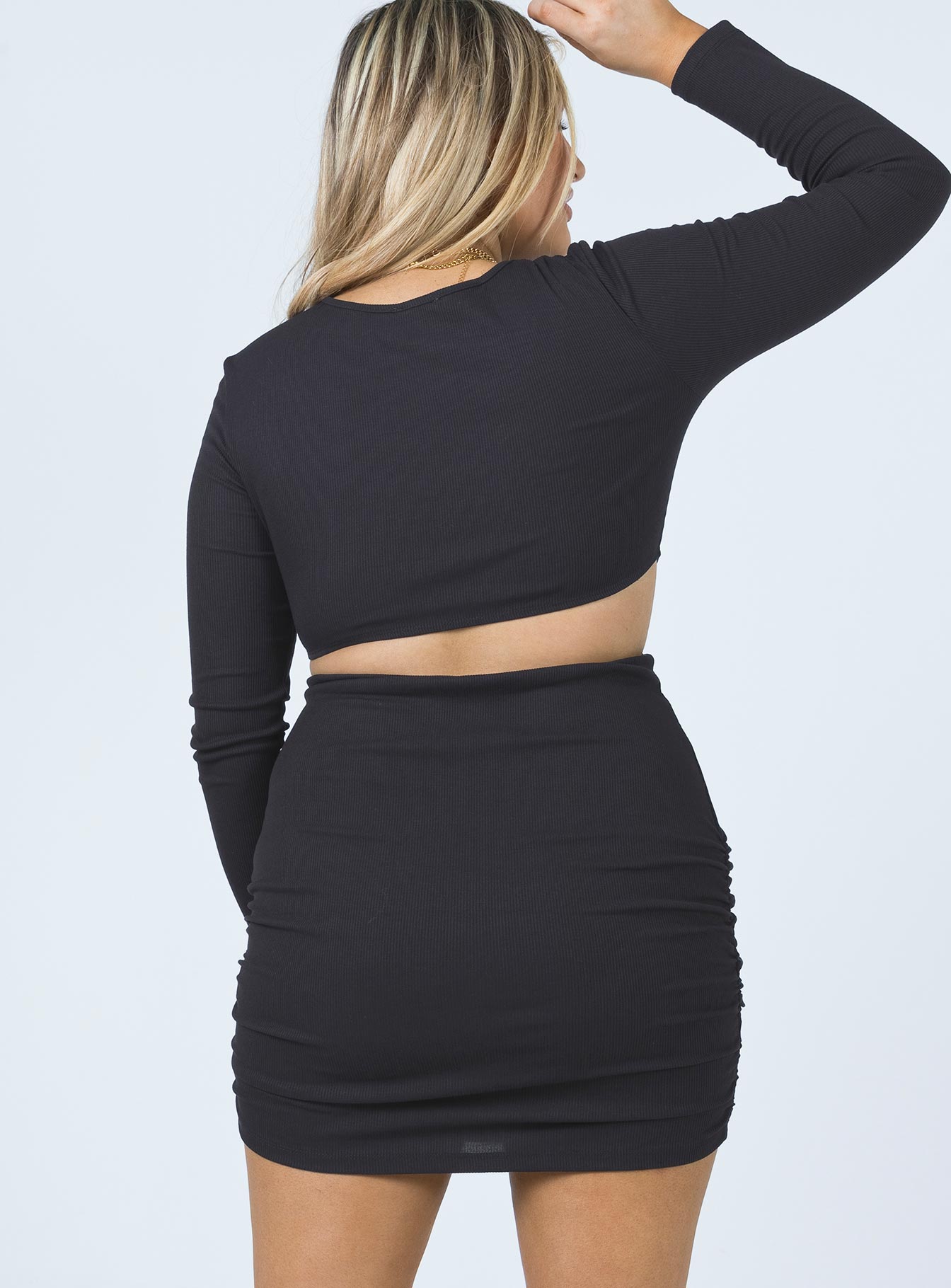 back view of model wearing Princess Polly Orani Long Sleeve Mini Dress Black 