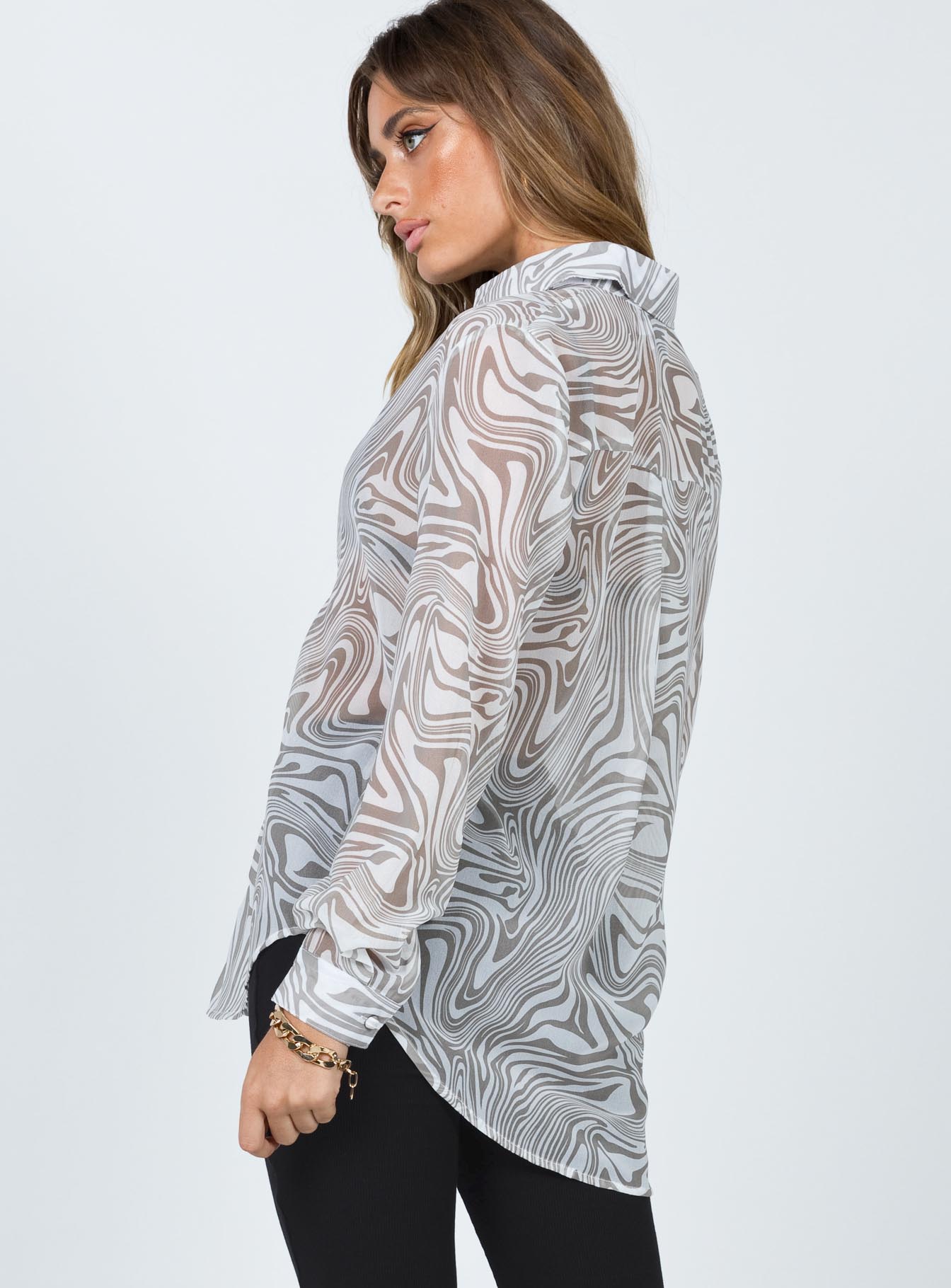 back view of model wearing Princess Polly Hayden Shirt Beige Full Sleeves V-Neck 