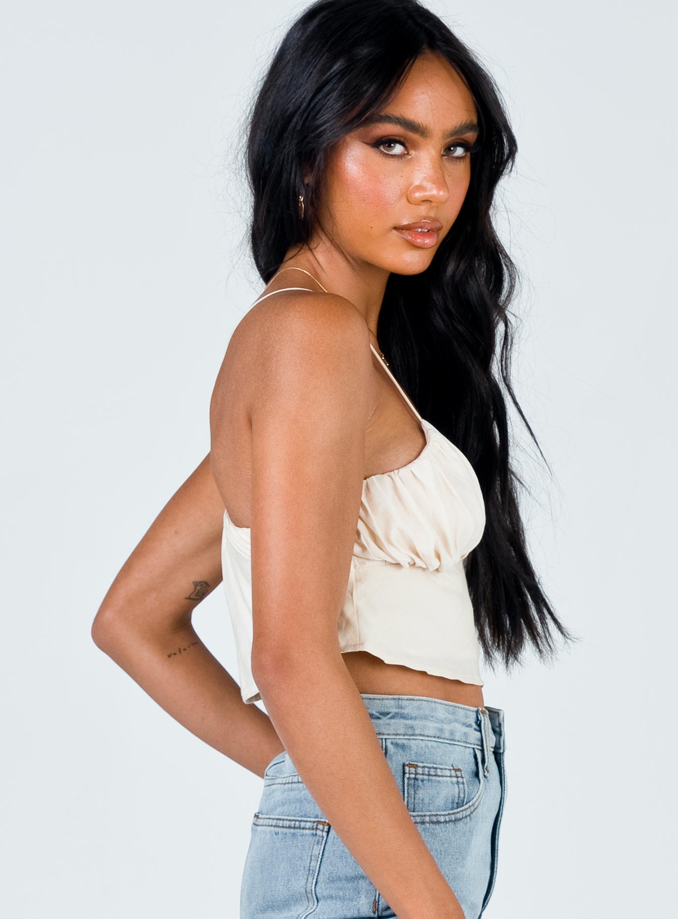 Front view of model wearing  front Princess Polly Sleeveless Asymmetric Neckline  Jessa Top