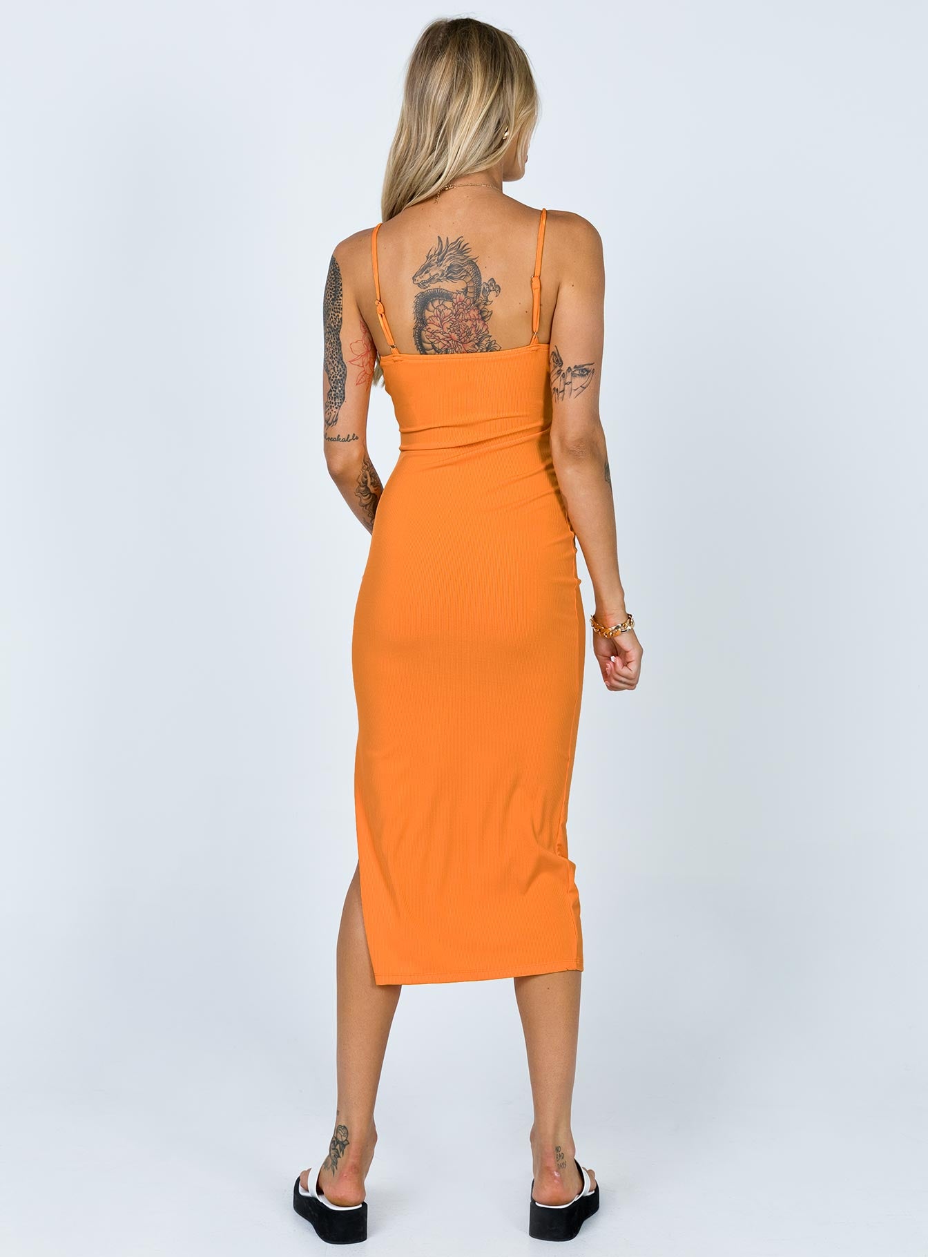 back view of model wearing Princess Polly Marissa Midi Dress Orange 