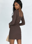 back view of model wearing Princess Polly Denielle Mini Dress Chocolate 