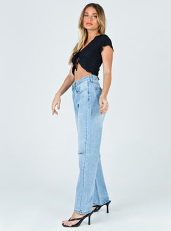 back view of model wearing Princess Polly Fairmount Straight Leg Jean Light Wash Denim Low Rise Jeans 