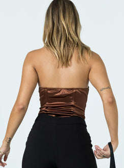 back view of model wearing Princess Polly Amora Bodysuit Brown Sleeveless Sweetheart 