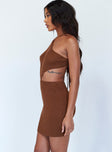 side view of model wearing Princess Polly Honey Mini Dress Brown 