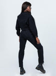 back view of model wearing Princess Polly Attica Knee Rip Denim Jeans Black Mid Rise 