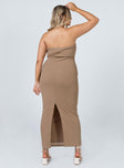 Front view of model wearing  front Princess Polly Asymmetric Neckline  Charm Strapless Maxi Dress Brown