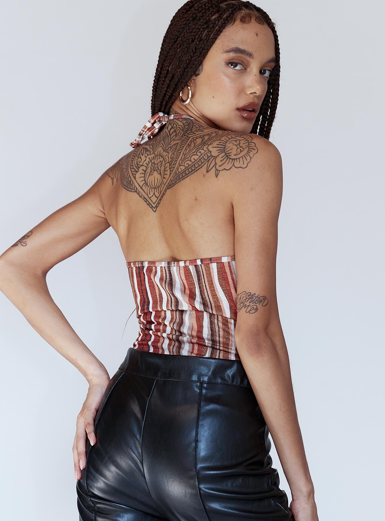 back view of model wearing Princess Polly Quinn Bodysuit Orange Multi Sleeveless V-Neck 