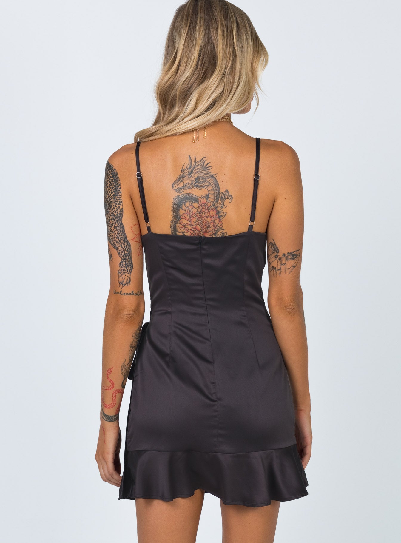back view of model wearing Princess Polly Cottage Hill Mini Dress Black 