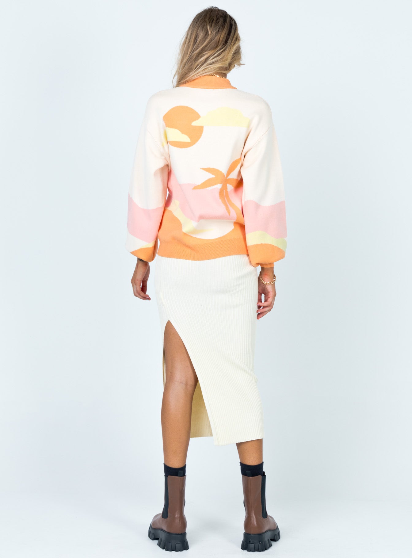 Front view of model wearing  front Tanna Midi Skirt Cream Princess Polly  Midi Skirts 