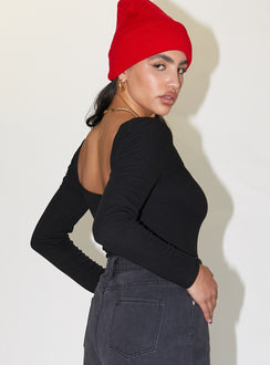 back view of model wearing Princess Polly Charlotte Bodysuit Black Tall Full Sleeves Square Neck 