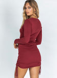 back view of model wearing Princess Polly Military Minds Long Sleeve Mini Dress Plum 