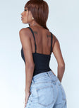 back view of model wearing Princess Polly Peyton Bodysuit Black Sleeveless Sweetheart 