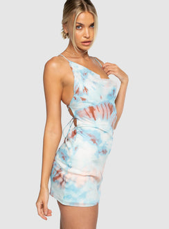 side view of model wearing Princess Polly Jagger & Stone Gwyneth Mini Dress Blue Tie Dye Blue 