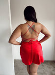 back view of model wearing Princess Polly Celena Mini Dress Red Curve Cowl Neck 