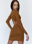 back view of model wearing Princess Polly Sabella Mini Dress Brown 