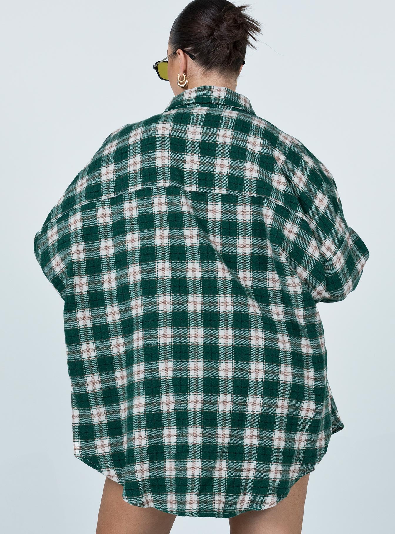 back view of model wearing Princess Polly Ken Checkered Shirt Green 