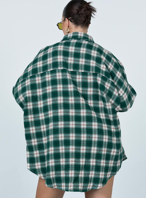 back view of model wearing Princess Polly Ken Checkered Shirt Green 