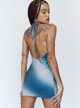 back view of model wearing Princess Polly Alessa Mini Dress Blue / White 