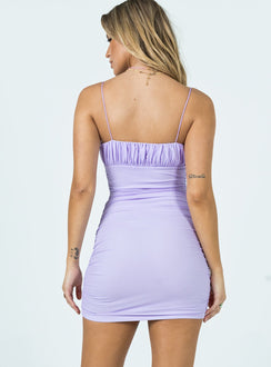 back view of model wearing Princess Polly Penney Mini Dress Purple 