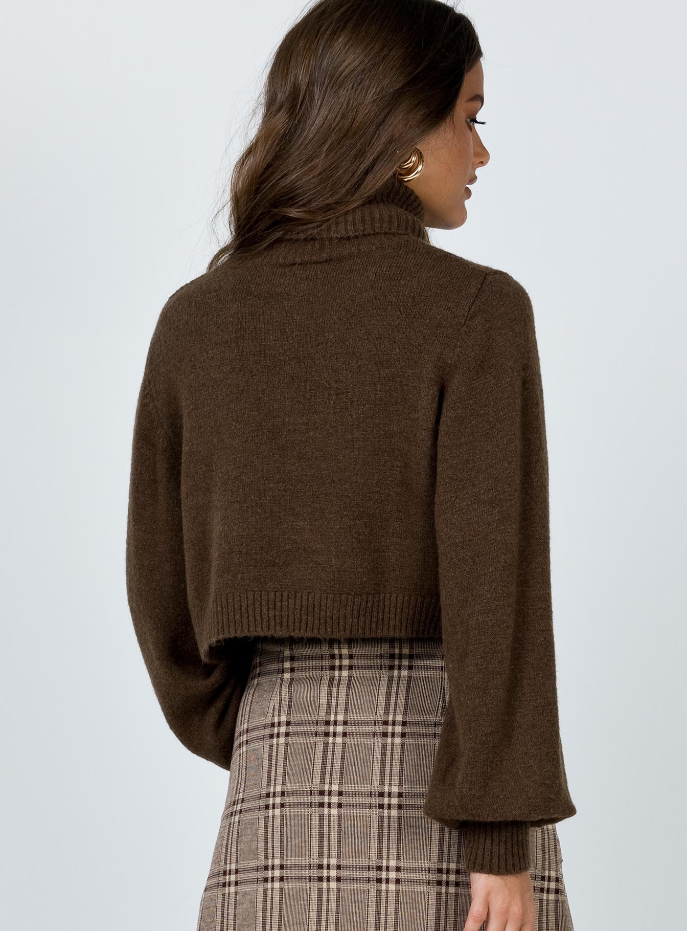 back view of model wearing Princess Polly Zahara Cropped Turtleneck Sweater Brown Cropped 