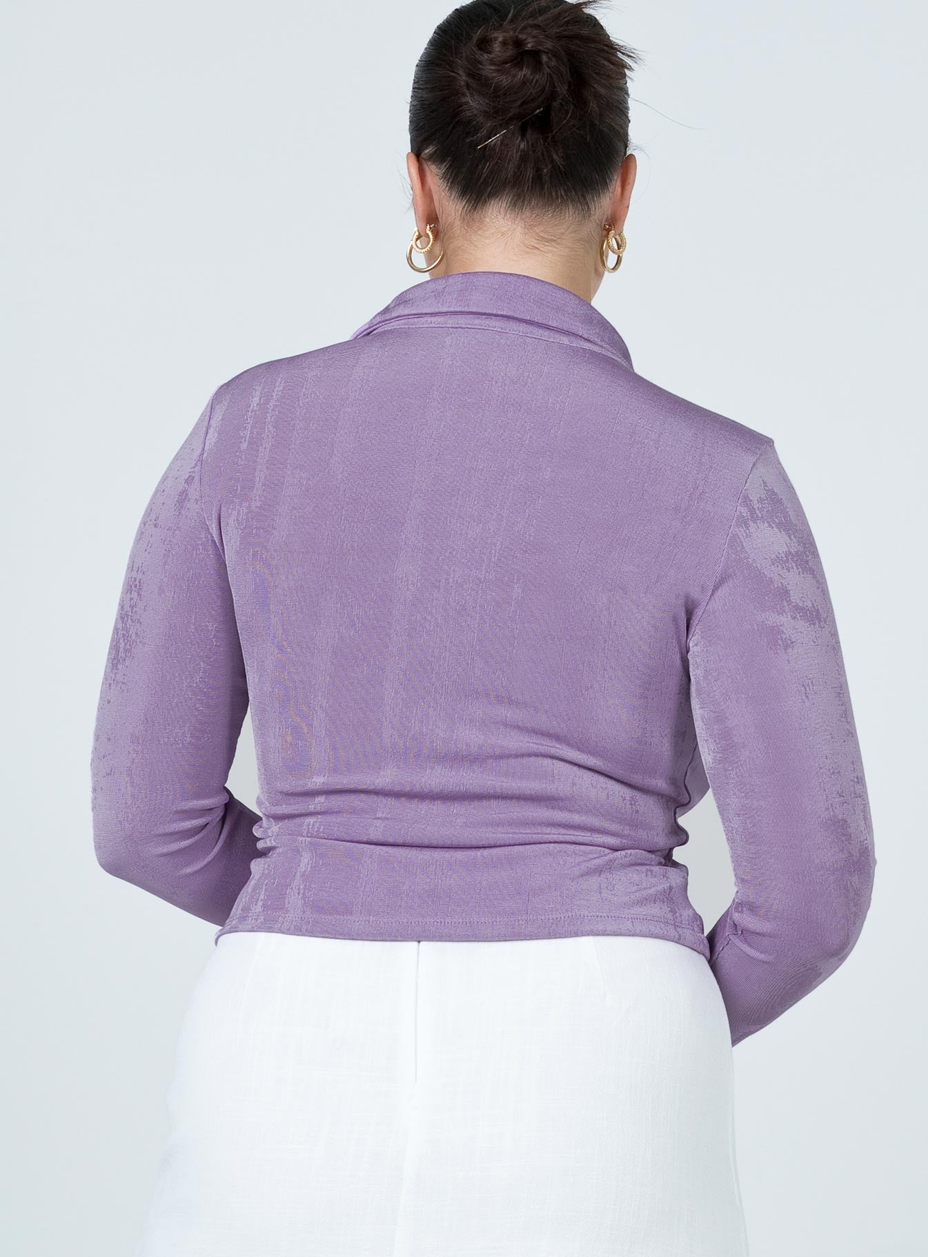 back view of model wearing Princess Polly Elody Long Sleeve Top Lilac 