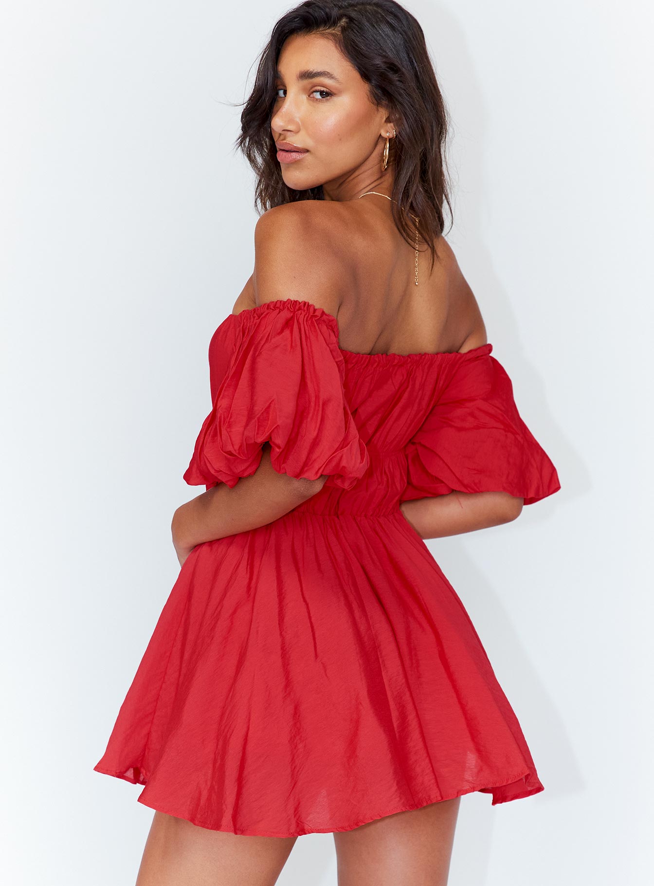 back view of model wearing Princess Polly Halton Mini Dress Red 