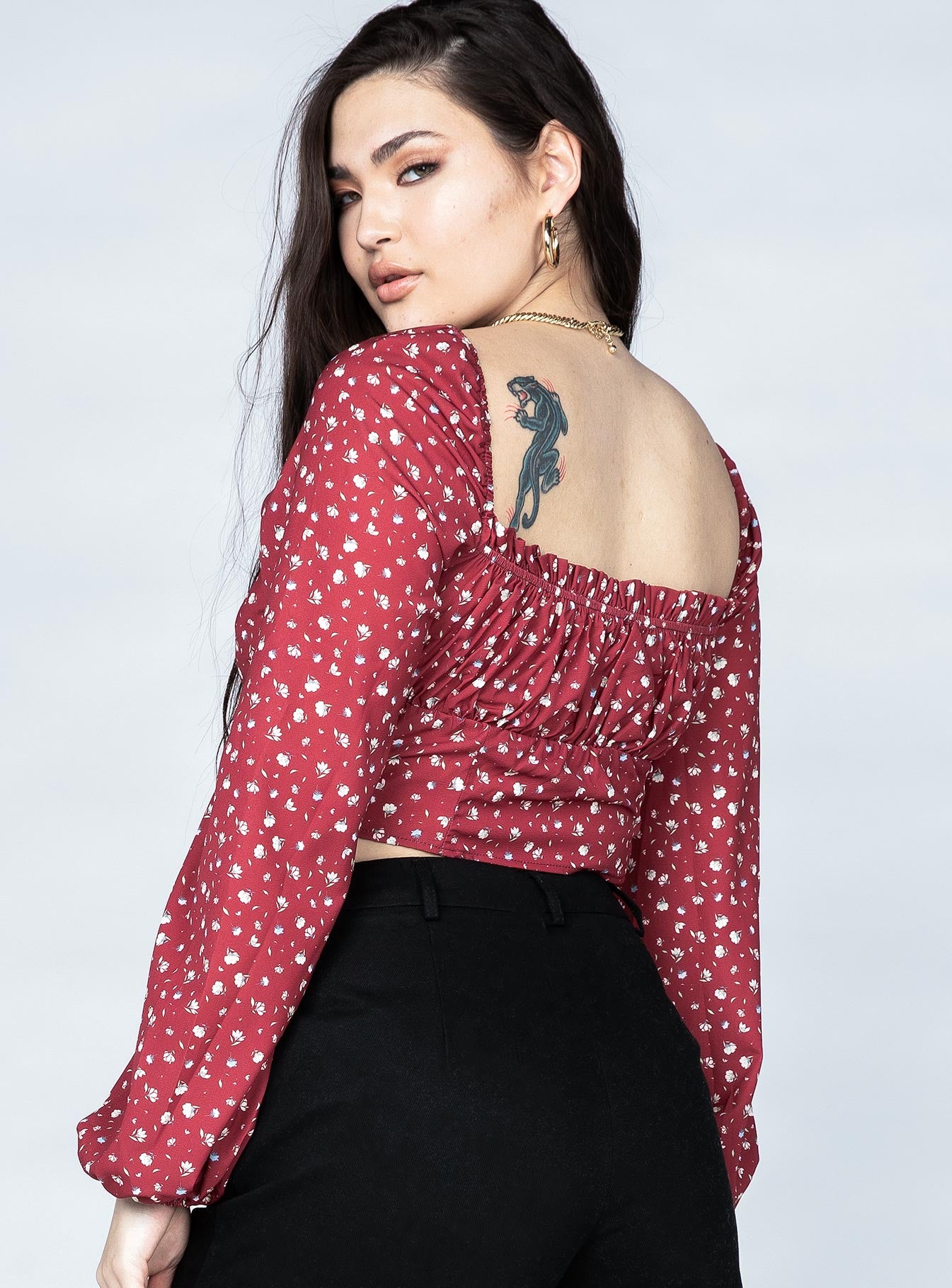 back view of model wearing Princess Polly Alex Top Burgundy Floral 