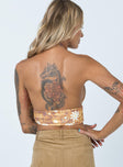 back view of model wearing Princess Polly Retro Floral Halter Top Orange 