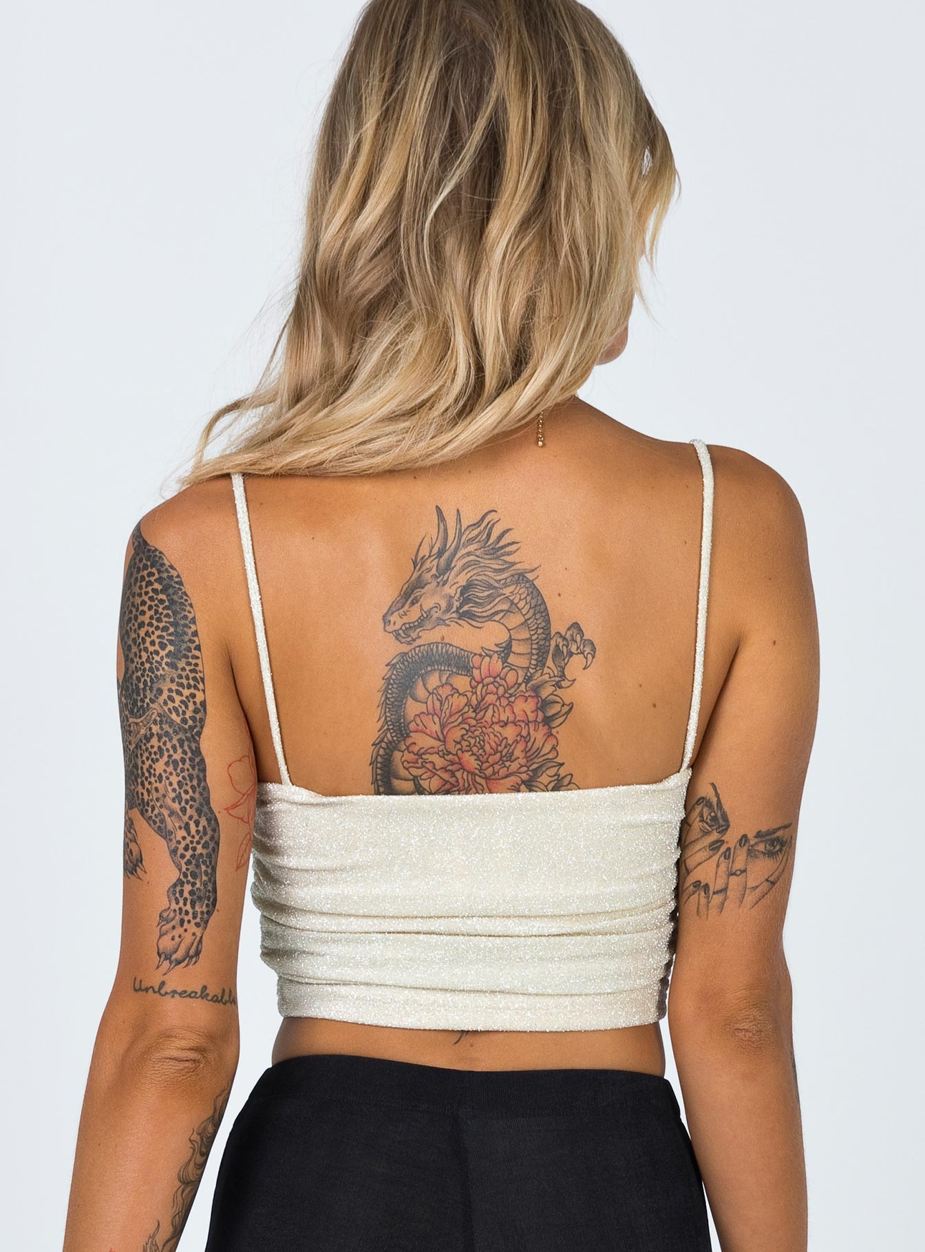 back view of model wearing Princess Polly GiGi Glitter Top Champagne 