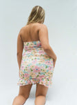 back view of model wearing Princess Polly Adore You Strapless Mini Dress Yellow Multi 