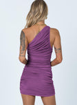 Front view of model wearing  front Princess Polly Asymmetric Neckline  The Goddess Mini Dress Purple