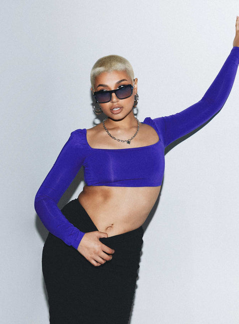 front view of model wearing Princess Polly Rogers Long Sleeve Top Blue Full Sleeves Square Neck 