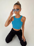 front view of model wearing Princess Polly Karli Top Blue Sleeveless Crew Neck 