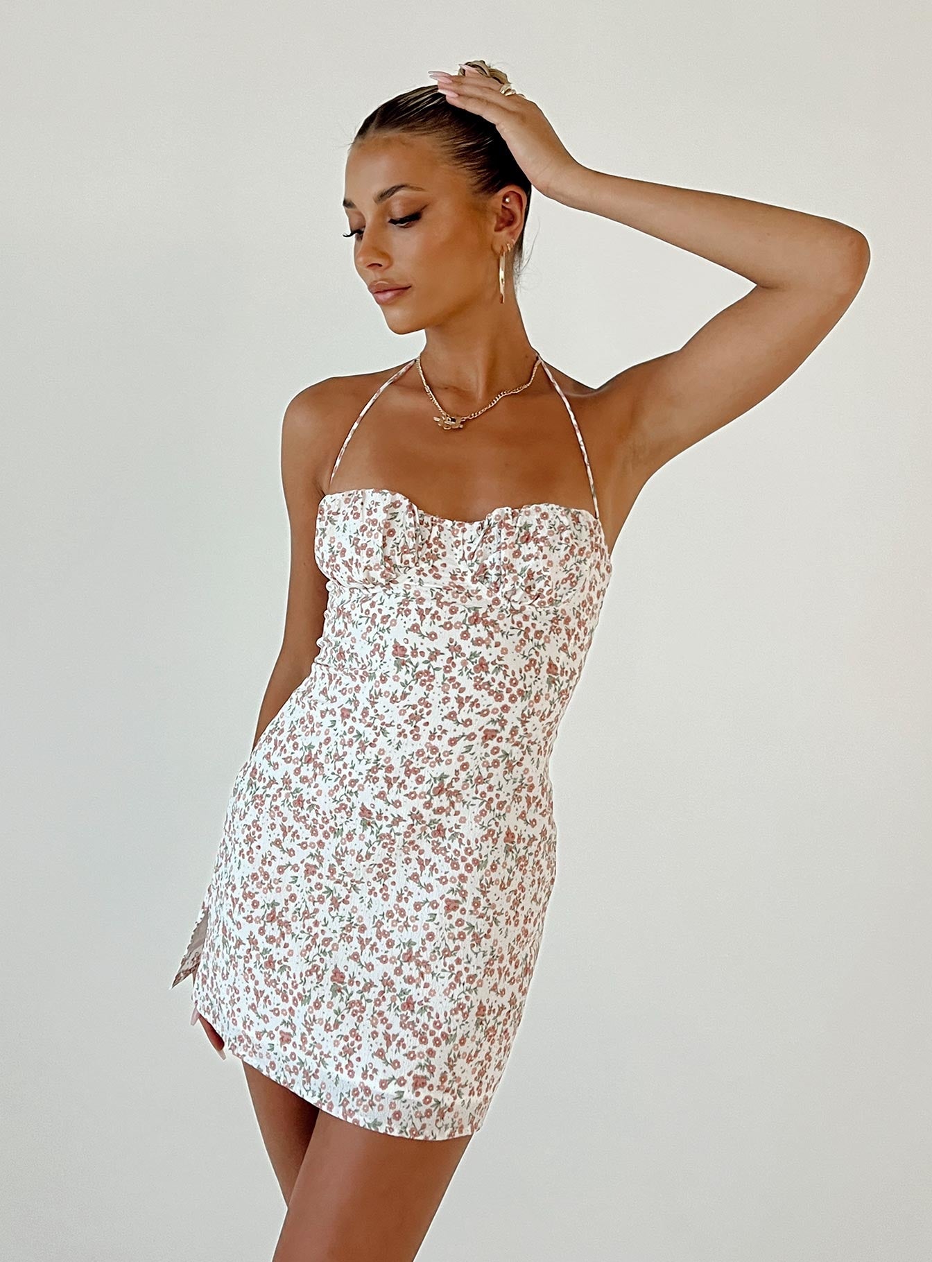 Front view of model wearing  front Princess Polly Square Neck  Acer Mini Dress Pink Multi