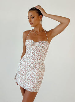 Front view of model wearing  front Princess Polly Square Neck  Acer Mini Dress Pink Multi