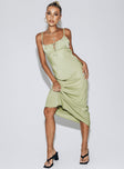 Front view of model wearing  front Princess Polly Asymmetric Neckline  Nicoleta Midi Dress Green