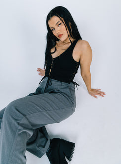 side view of model wearing Princess Polly Walker Top Black Sleeveless Scoop Neck 