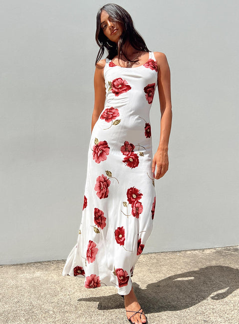 Front view of model wearing  front Princess Polly High Neck  Malina Maxi Dress Red Multi