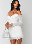 Front view of model wearing  front Princess Polly Asymmetric Neckline  Viva Long Sleeve Mini Dress White