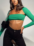 Front view of model wearing  front Princess Polly Full Sleeves Square Neck  Sharli Long Sleeve Top Green