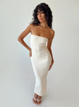 Front view of model wearing  front Princess Polly Square Neck  Kalla Midi Dress Beige